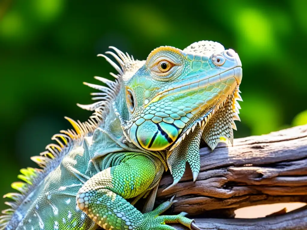 Un retrato detallado de una iguana verde en su hábitat natural, exhibiendo sus escamas vibrantes y patrones intrincados