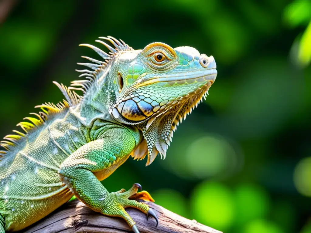 Un retrato detallado de una iguana verde vibrante en su hábitat natural, con escamas nítidas y ojos intensos