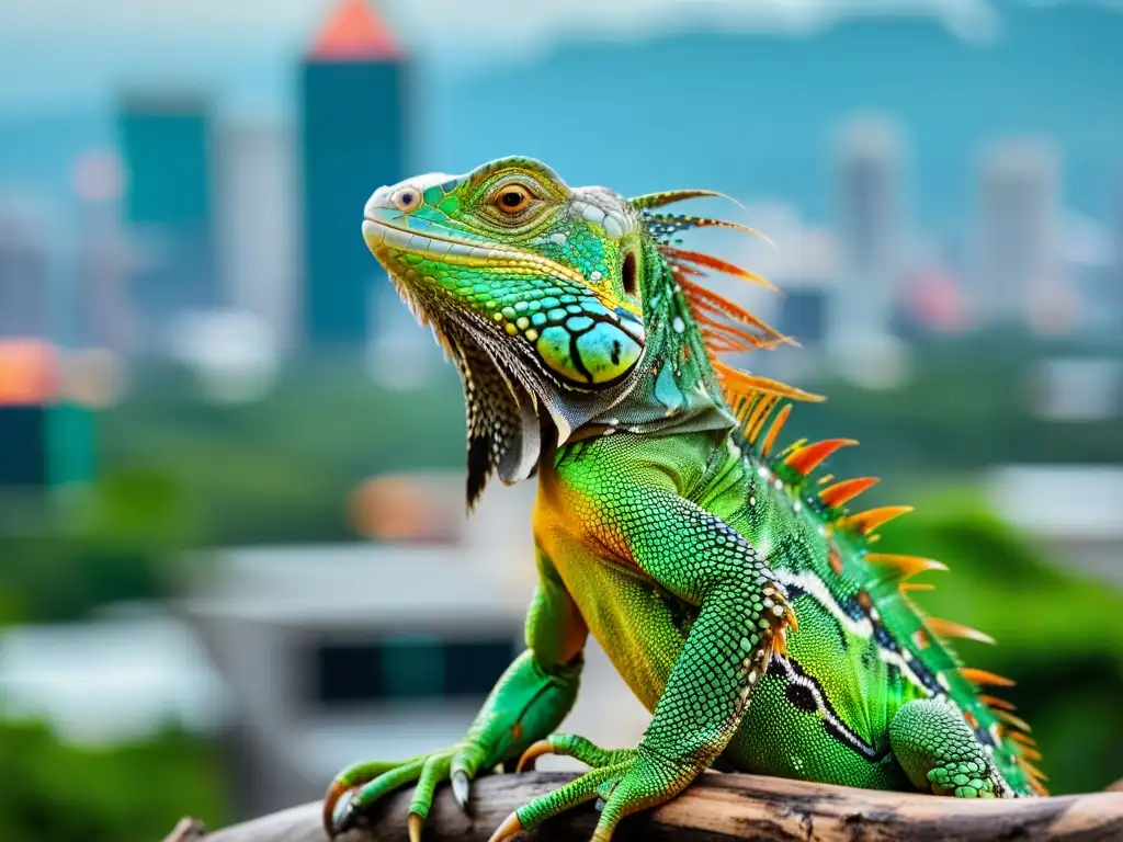 Un retrato detallado de una iguana verde vibrante en un entorno urbano, destacando la coexistencia de reptiles exóticos en entornos urbanos