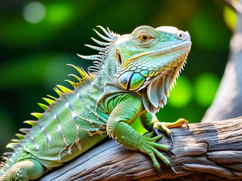 Un retrato detallado de una iguana verde en su hábitat natural, destacando su textura y color