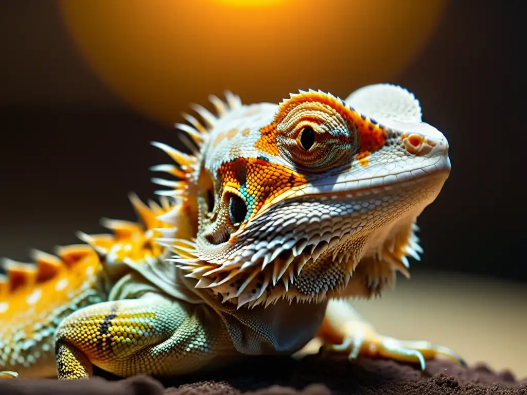 Un retrato detallado de un dragón barbudo disfrutando de la iluminación ideal para reptiles en terrarios, con sus patrones de escamas y la intensidad de la luz claramente visibles