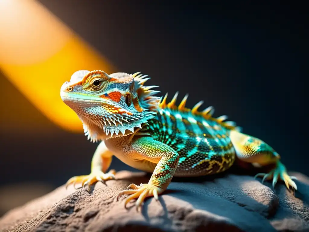 Un retrato detallado de un dragón barbudo bajo la iluminación UVB, resaltando la importancia de la iluminación UVB para reptiles en su hábitat natural