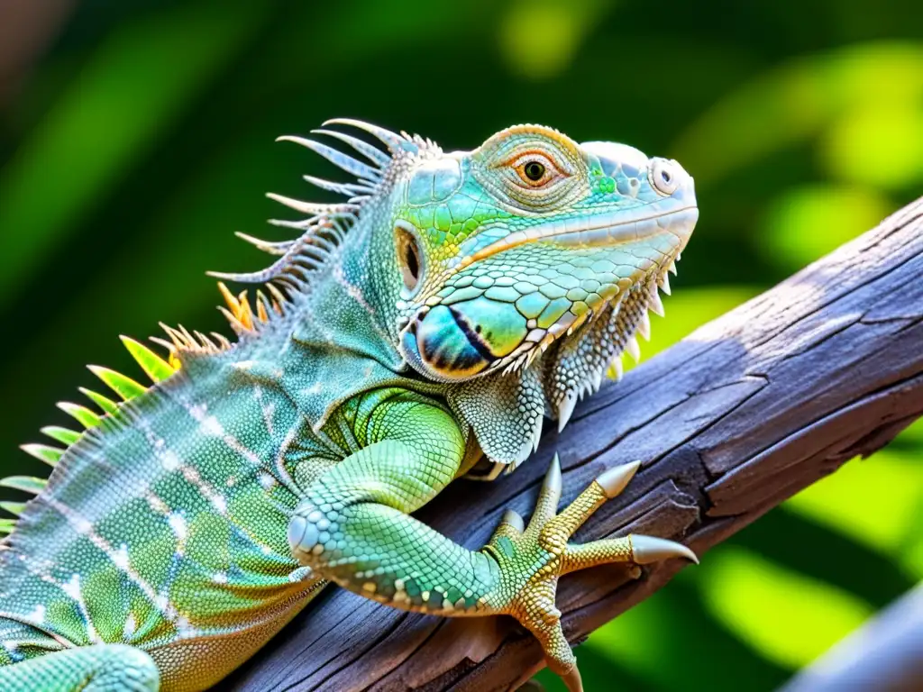 Un retrato detallado de una impresionante iguana verde reposando en una rama, con escamas y colores hipnóticos