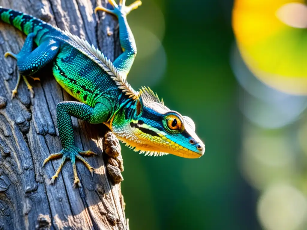 Un retrato detallado de un lagarto Draco planeando entre los árboles con su patagio desplegado, destacando sus capacidades de planeo en reptiles