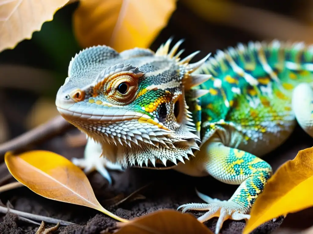 Un retrato detallado de un lagarto barbudo en brumación, con escamas y textura de piel destacadas