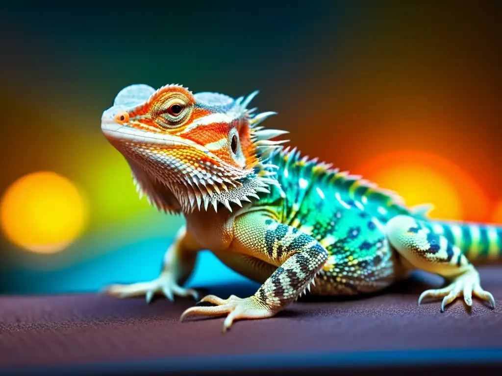 Un retrato detallado de un lagarto barbudo disfrutando del calor de una lámpara, con escamas vibrantes y un entorno natural