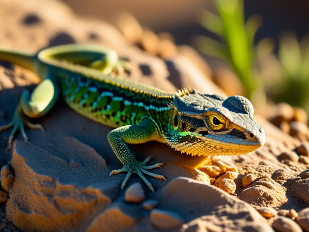 Un retrato detallado de un lagarto del desierto tomando el sol, con escamas y piel visibles