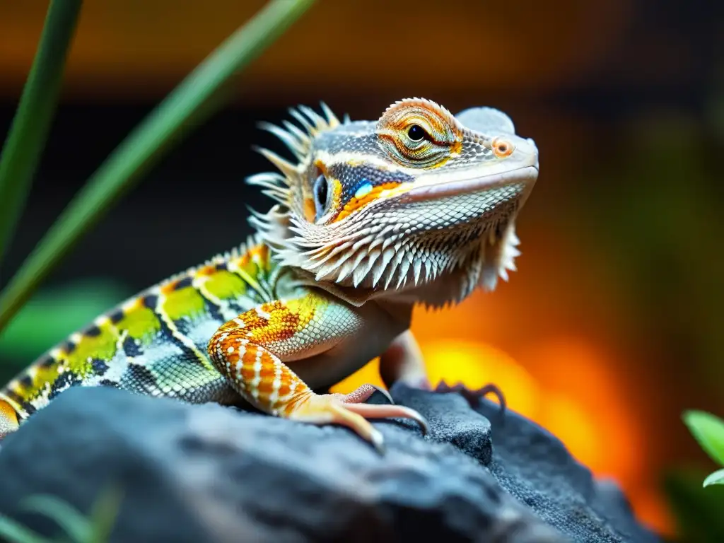 Un retrato detallado de un dragón barbudo bajo una lámpara de calor, destacando sus escamas y su mirada, en un entorno natural con ramas y follaje