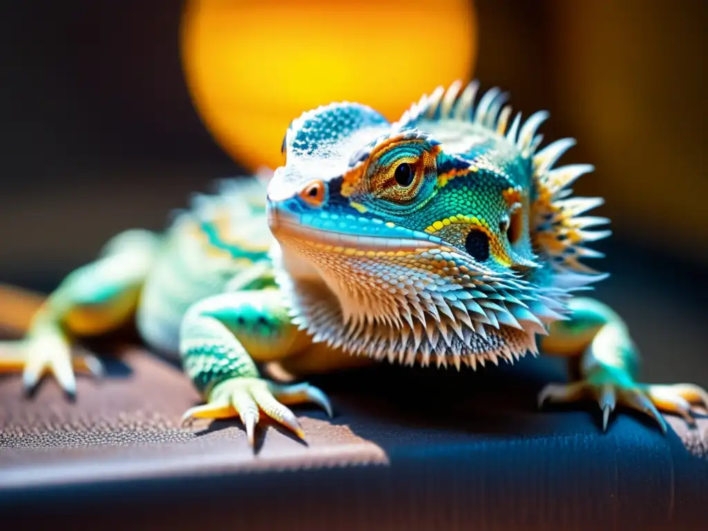 Un retrato detallado de un dragón barbudo disfrutando de la luz solar, resaltando los beneficios de la luz solar para la salud de los reptiles