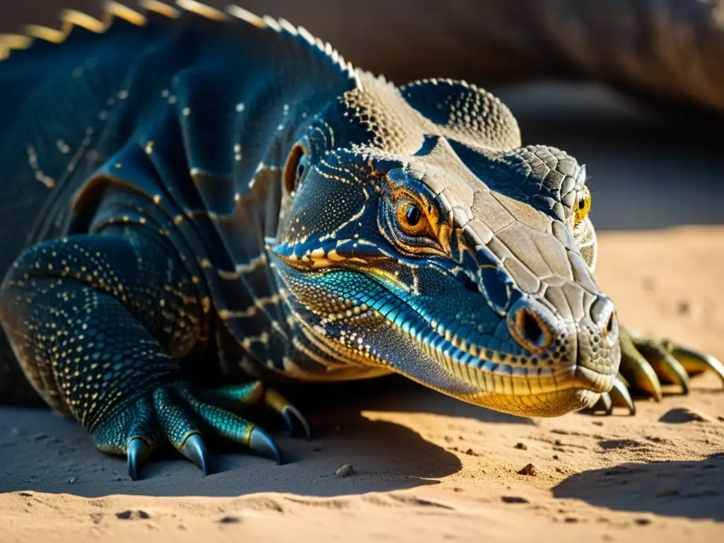 Un retrato detallado de un majestuoso dragón de Komodo en su hábitat natural, transmitiendo su poder y belleza antiguos