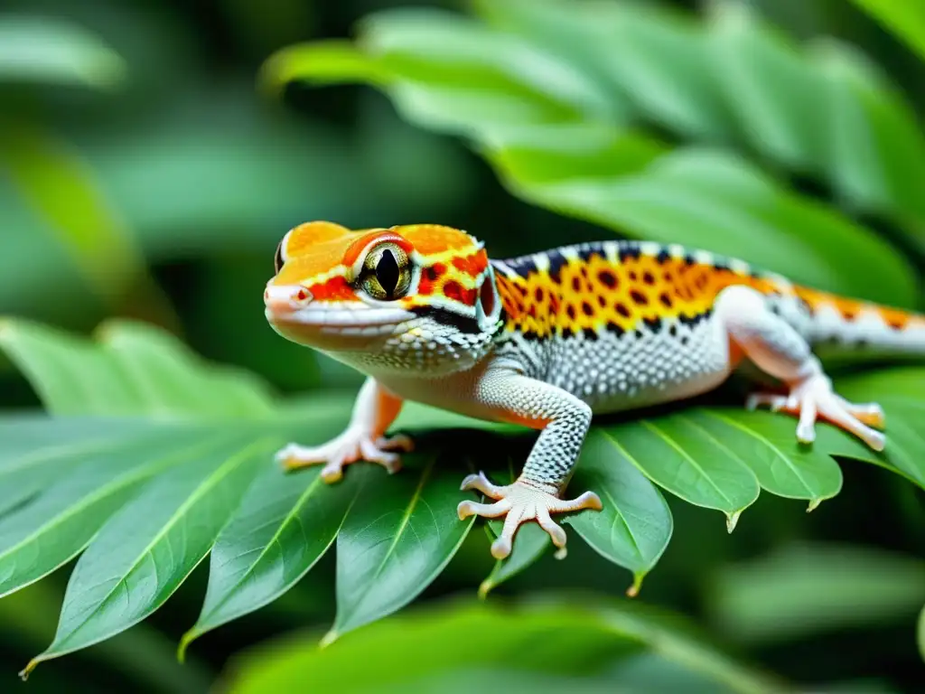 Un retrato detallado de un gecko leopardo en una rama, con su piel naranja y blanca en contraste con las hojas verdes