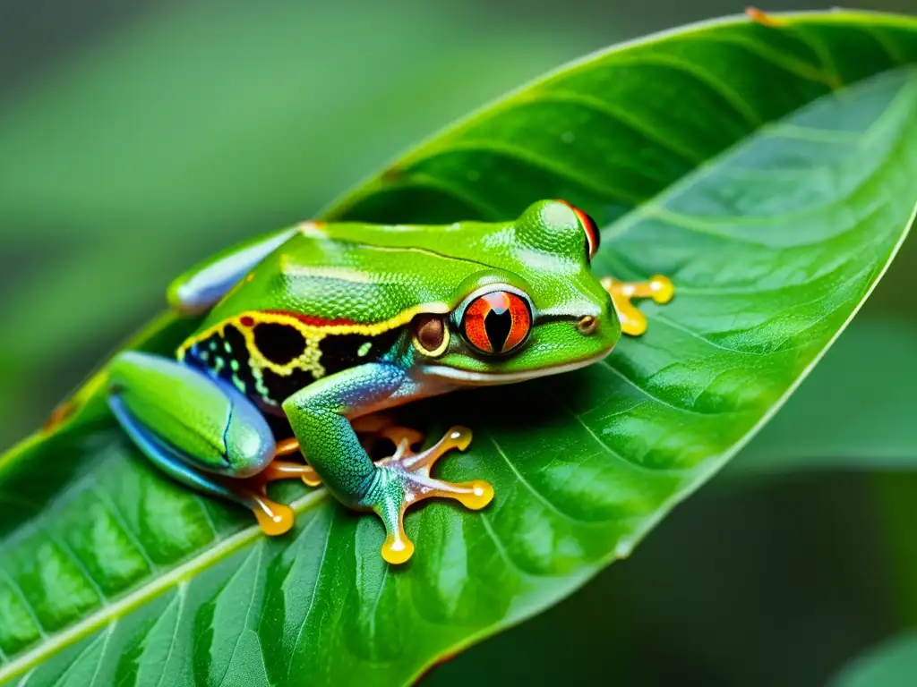 Un retrato detallado de una rana de ojos rojos aferrándose a una hoja verde en la selva lluviosa