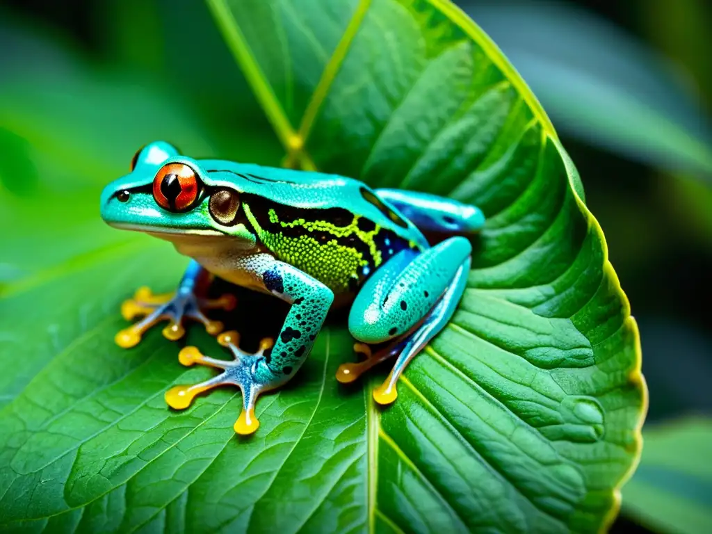 Un retrato detallado de una rana de ojos rojos en su hábitat natural de la selva lluviosa, resaltando el impacto del calentamiento global en anfibios