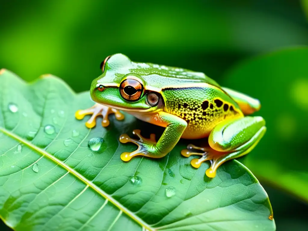 Un retrato detallado de una rana arbórea en la selva tropical, mostrando su piel translúcida y los detalles de sus ojos y patas