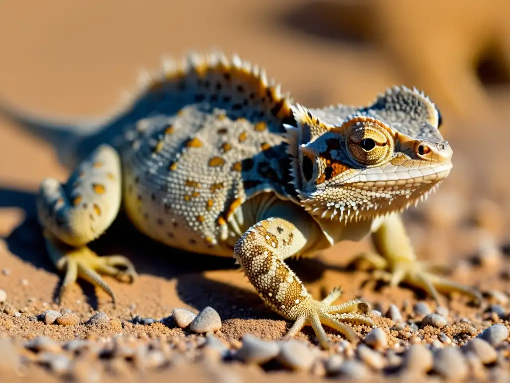 Un retrato detallado y realista de un lagarto cornudo real (Phrynosoma solare) camuflado en el suelo desértico