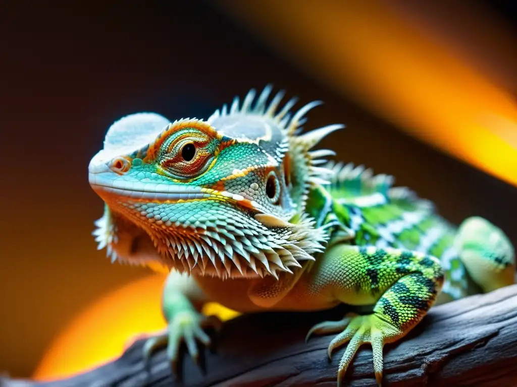 Un retrato detallado de un dragón barbudo relajado bajo una lámpara de calor, en un entorno natural