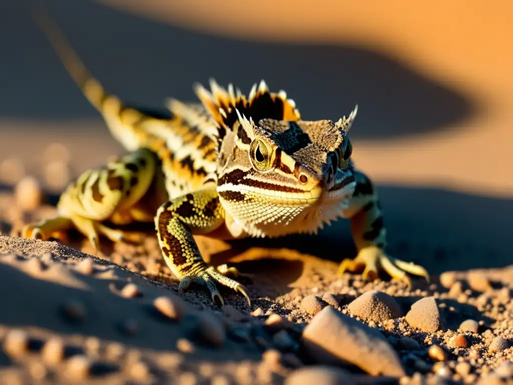 Un retrato detallado de un reptil del desierto camuflado entre la arena, mostrando estrategias de supervivencia