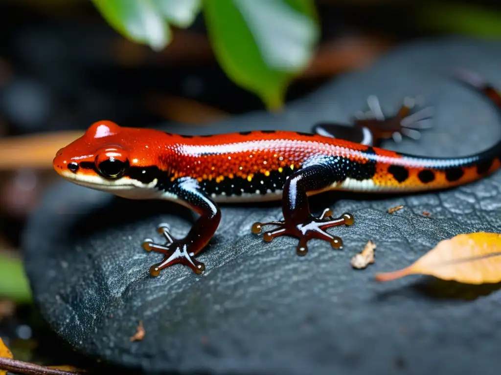 Un retrato detallado de una salamandra de dorso rojo en su hábitat forestal natural, destacando su coloración dorsal vibrante