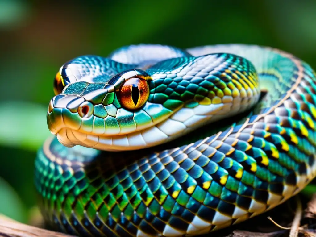 Un retrato detallado de una serpiente que extiende su lengua para percibir su entorno, con patrones intrincados en su piel y una mirada alerta