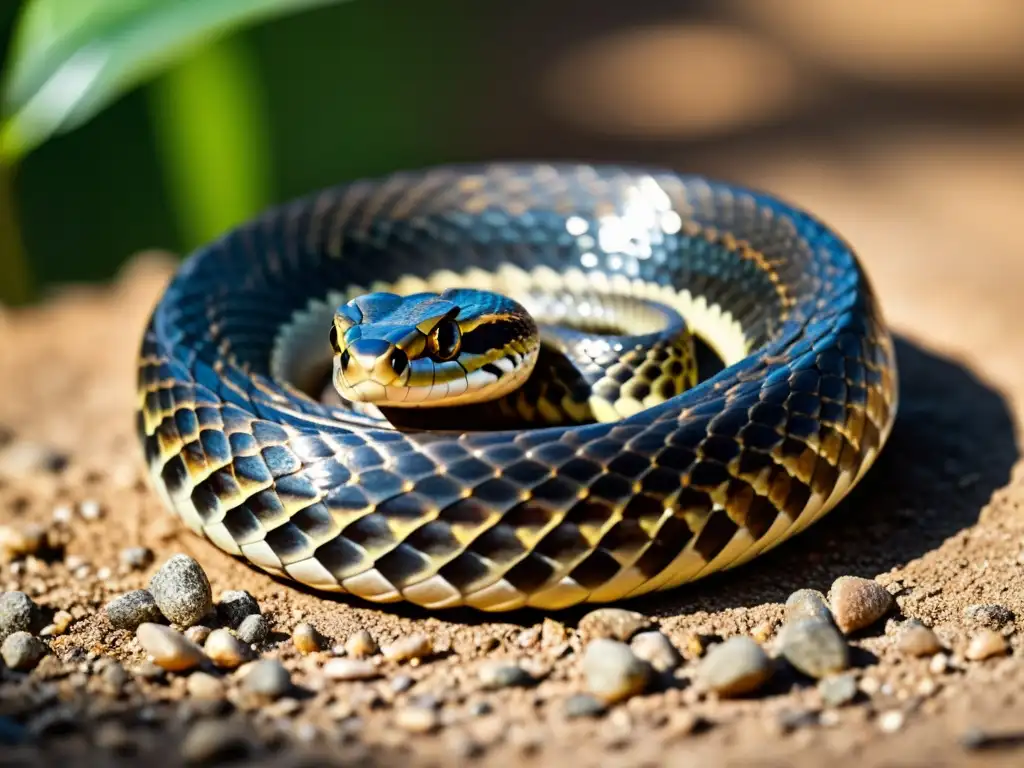 Un retrato detallado de una serpiente venenosa lista para atacar, con escamas relucientes al sol y un entorno natural realista