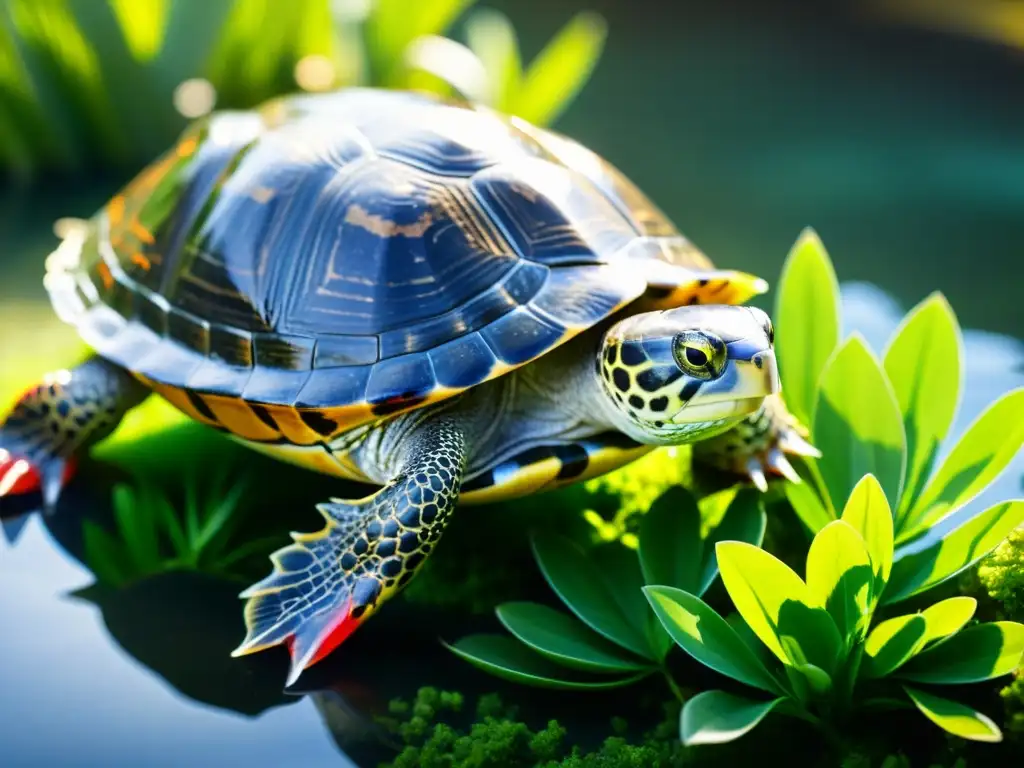 Un retrato detallado de una tortuga de orejas rojas nadando en un entorno acuático cristalino, rodeada de exuberantes plantas acuáticas y bañada por la luz del sol