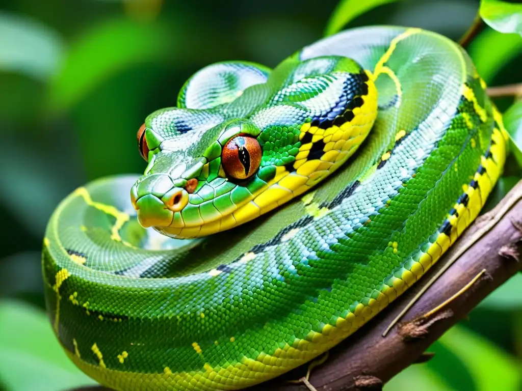 Un retrato detallado de una pitón verde enroscada en una rama, con sus escamas vibrantes y forma distintiva