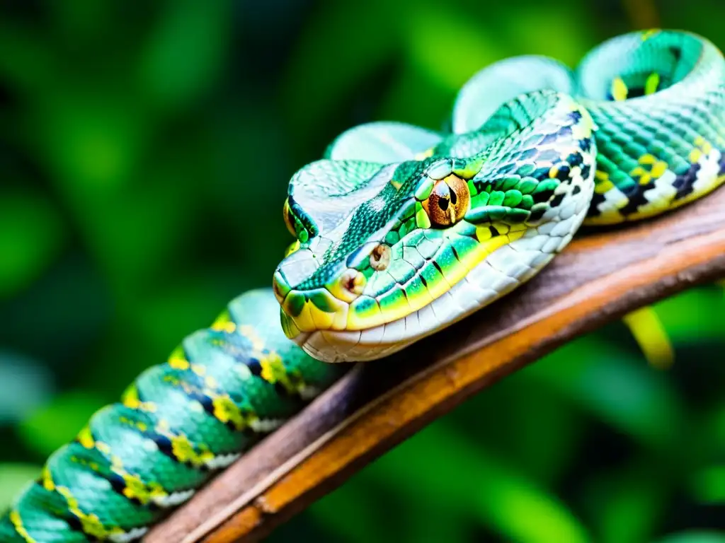 Un retrato detallado de una víbora de pozo verde en la selva tropical