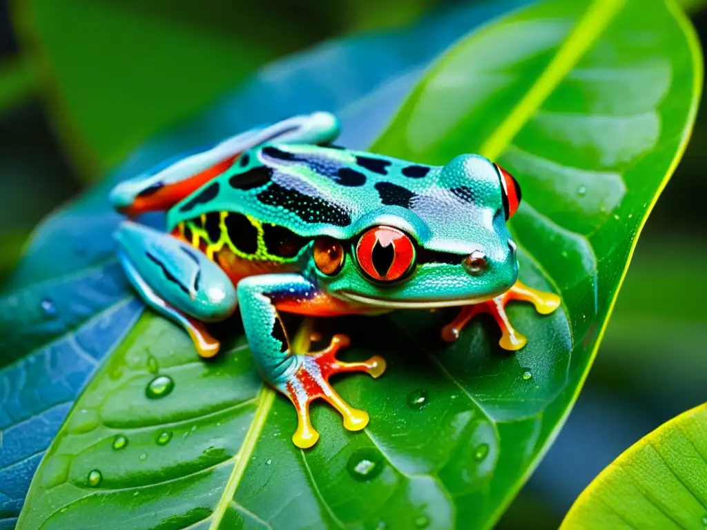 Un retrato detallado de una vibrante rana de ojos rojos en una hoja verde en la selva