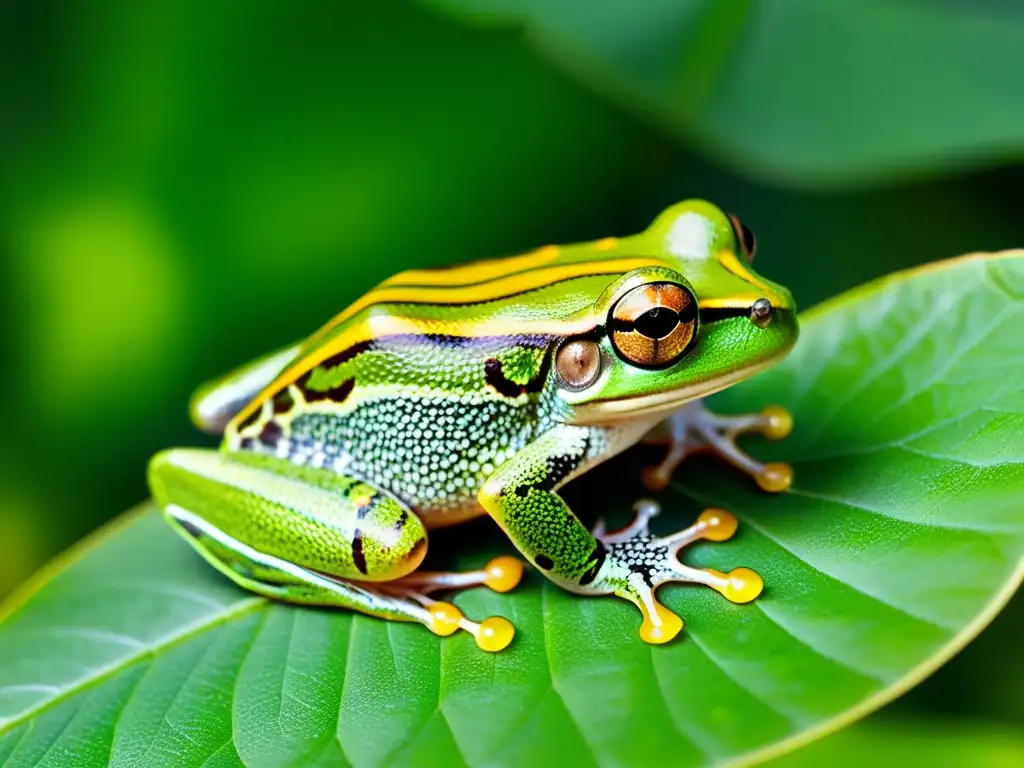 Un retrato detallado de una vibrante rana arbórea en su hábitat tropical, resaltando la necesidad de Tecnología en conservación de anfibios