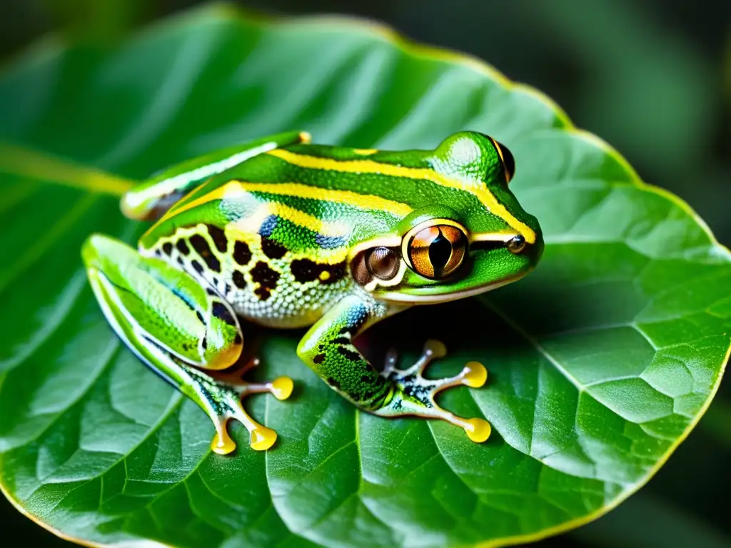 Rana de árbol verde: Detalles asombrosos Un retrato detallado de una vibrante rana arbórea verde posada en una hoja, con su piel translúcida y ojos dorados capturando la luz