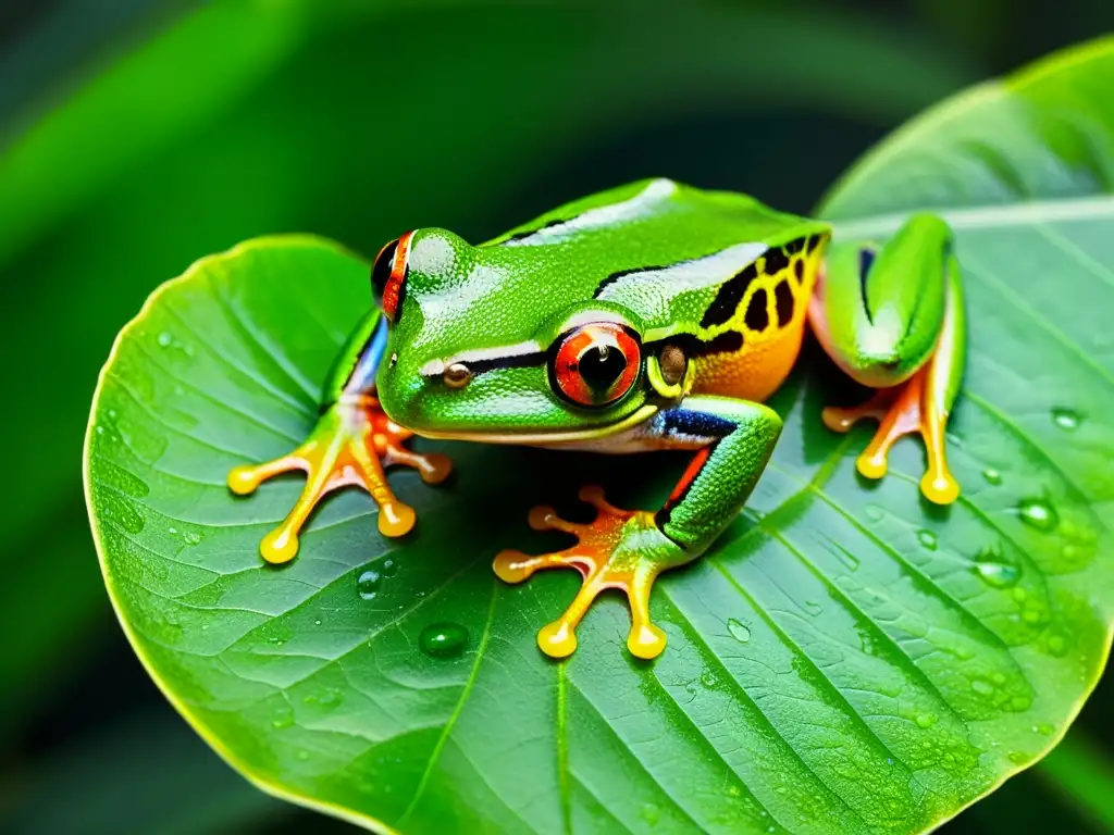 Un retrato detallado y vibrante de una ranita de ojos rojos en la selva amazónica, destacando la diversidad de anfibios en biomas