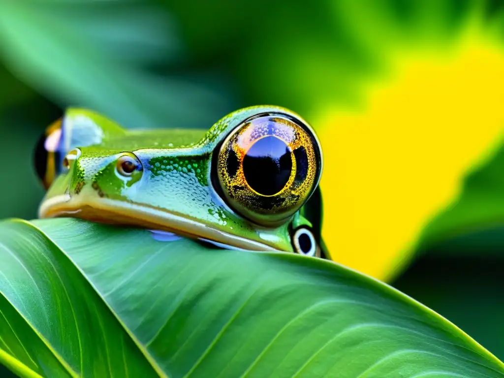 Un retrato fascinante de la vida anfibia en su hábitat natural, con la piel detallada de una rana y una exuberante selva tropical de fondo