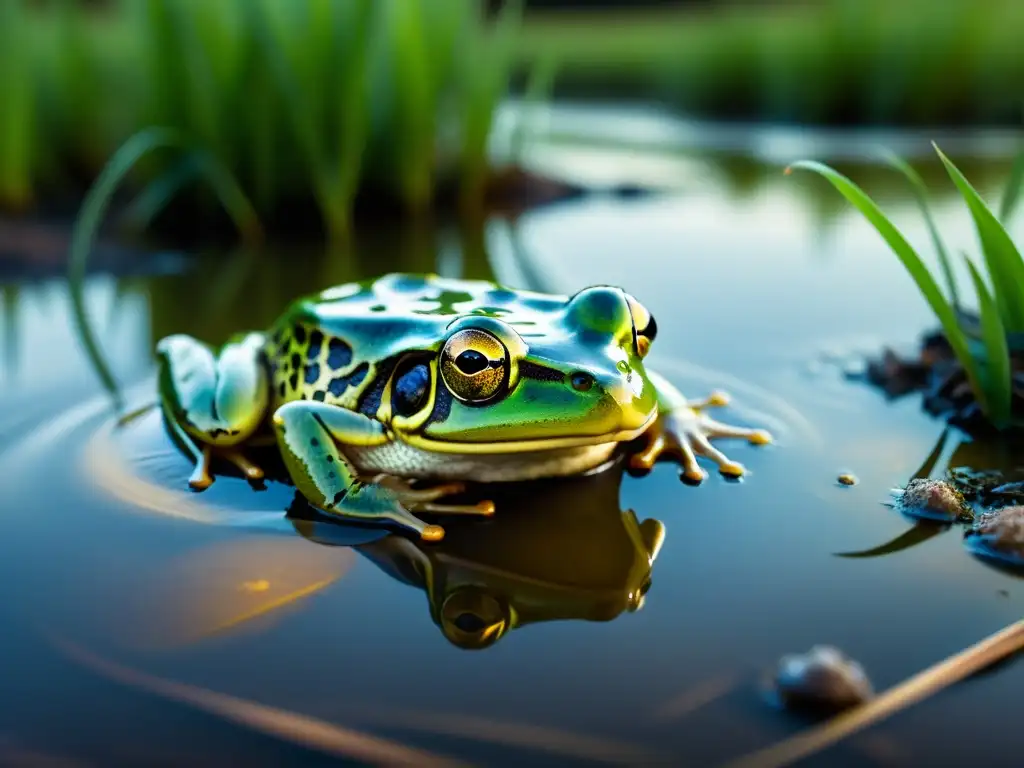 Un retrato impactante de un humedal contaminado con un sapo luchando en aguas contaminadas