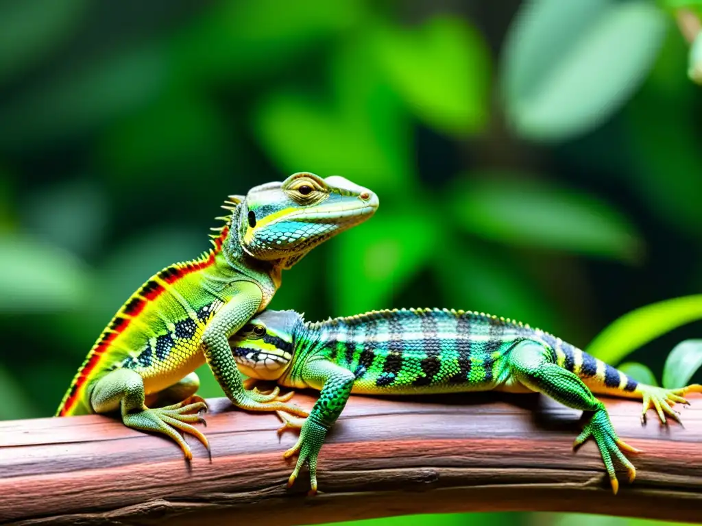 Un ritual de apareamiento de reptiles en un hábitat tropical exuberante, con movimientos complejos y colores vibrantes