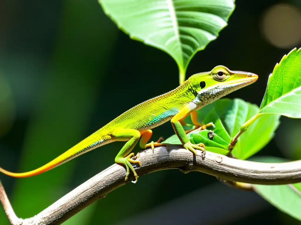 Rituales de apareamiento de reptiles: Dos lagartijas anolis verdes en un ritual de cortejo, con colores vibrantes bajo la luz filtrada entre las hojas