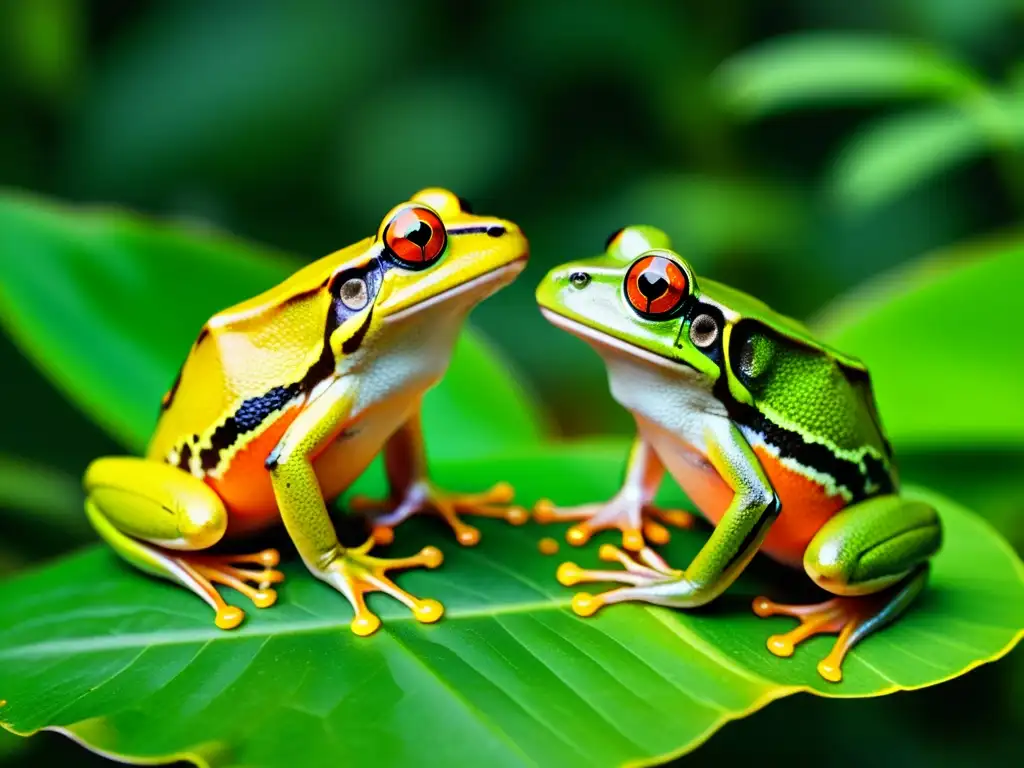 Rituales de cortejo en anfibios: Imagen detallada de coloridas ranas macho y hembra en ritual de apareamiento en la exuberante selva tropical