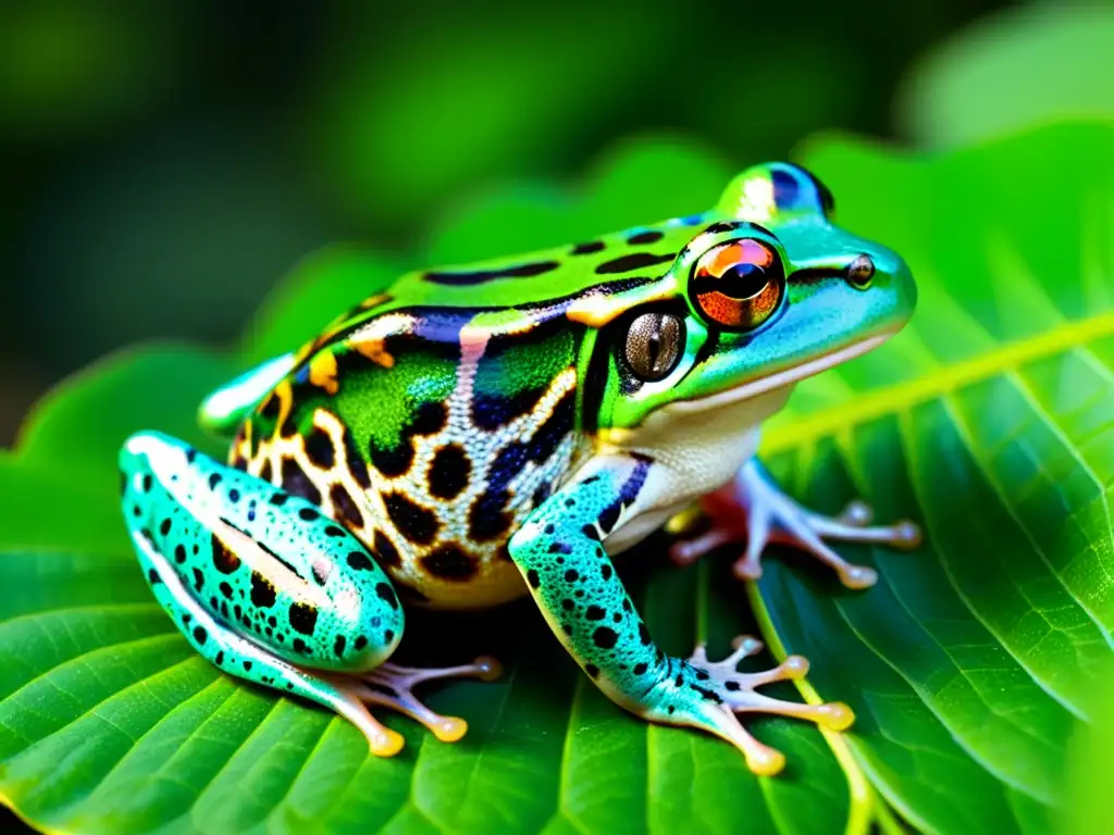 Rituales de cortejo en anfibios: Detalle de un macho de rana en vibrante danza de apareamiento, con colores vivos y exuberante vegetación