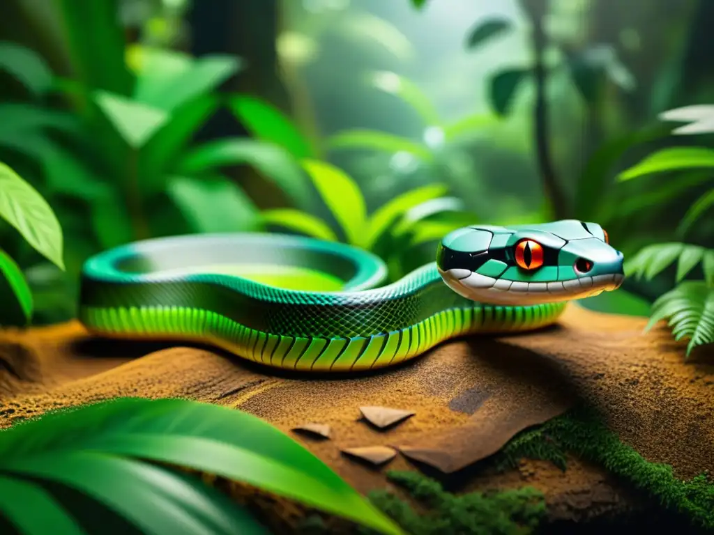 Un robot serpiente se desliza entre la exuberante vegetación de la jungla, mostrando la alta tecnología en herpetología para locomoción