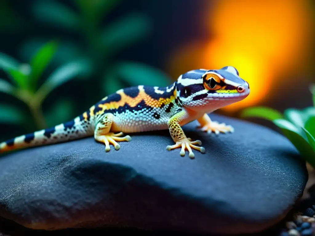 Un gecko leopardo descansa sobre una roca cálida, mostrando sus vibrantes escamas