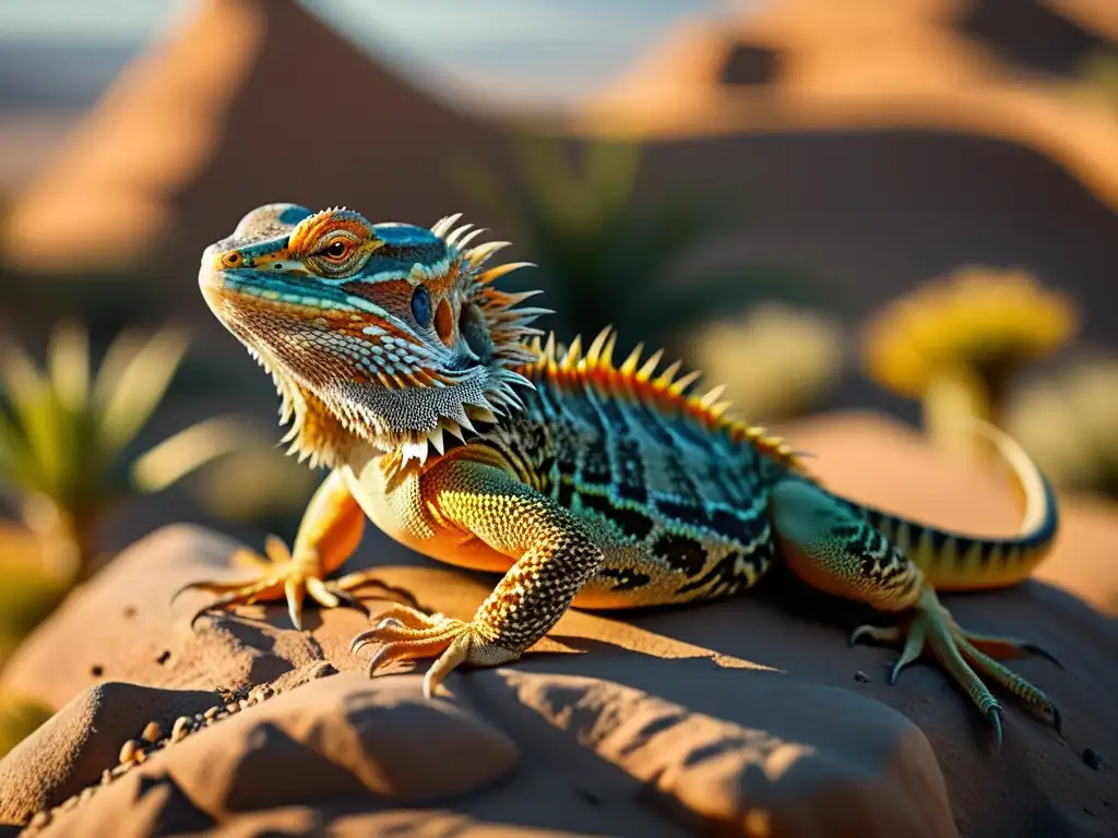 Un dragón barbudo descansa sobre una roca en su hábitat natural, reflejando el entorno desértico