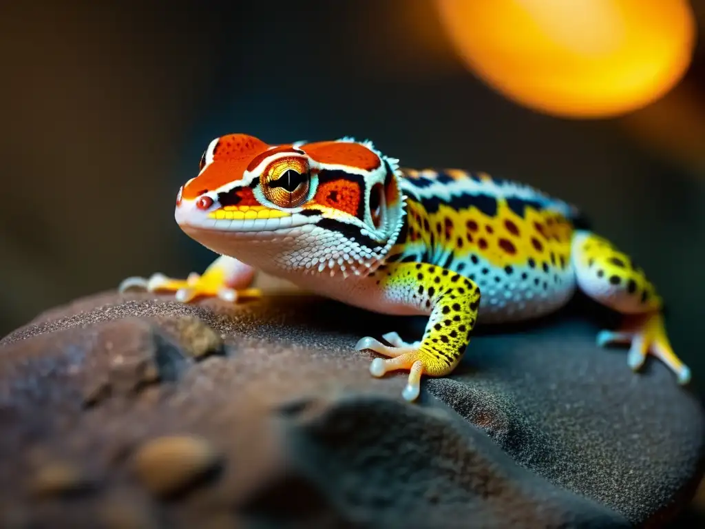 Un gecko leopardo descansa en una roca con lámpara de calor