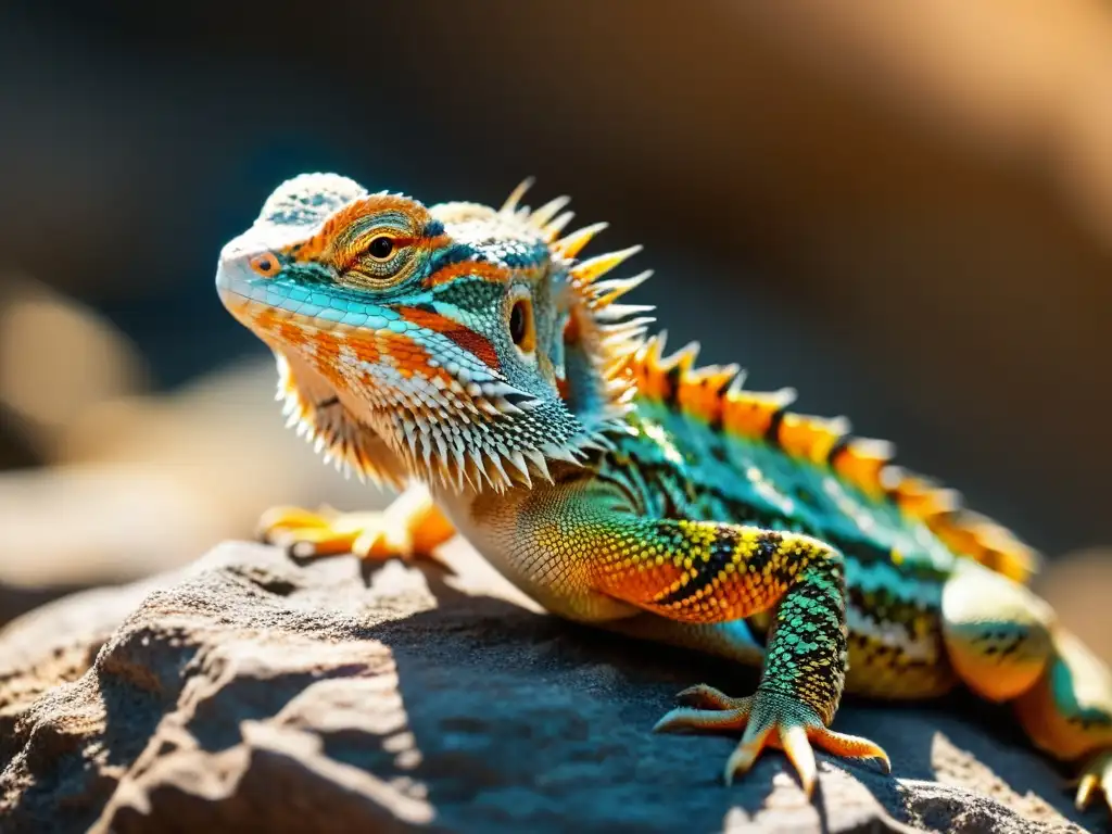 Un dragón barbudo descansa en una roca bajo el sol, su piel y escamas se ven claramente