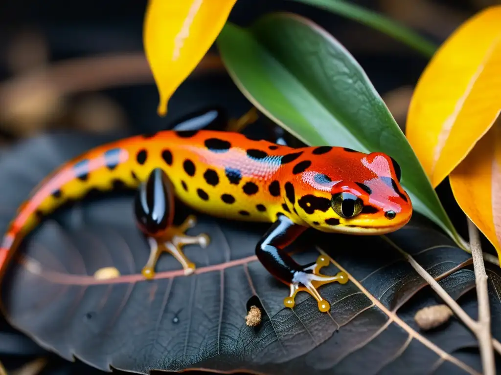 Una salamandra de colores brillantes descansa en hojas secas, mostrando su piel única