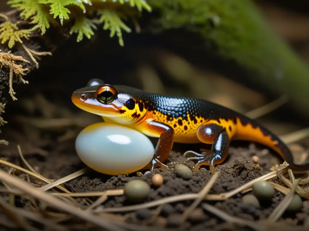 Una salamandra hembra deposita sus huevos en un nido subterráneo, mostrando la reproducción y desarrollo de salamandras en detalle asombroso