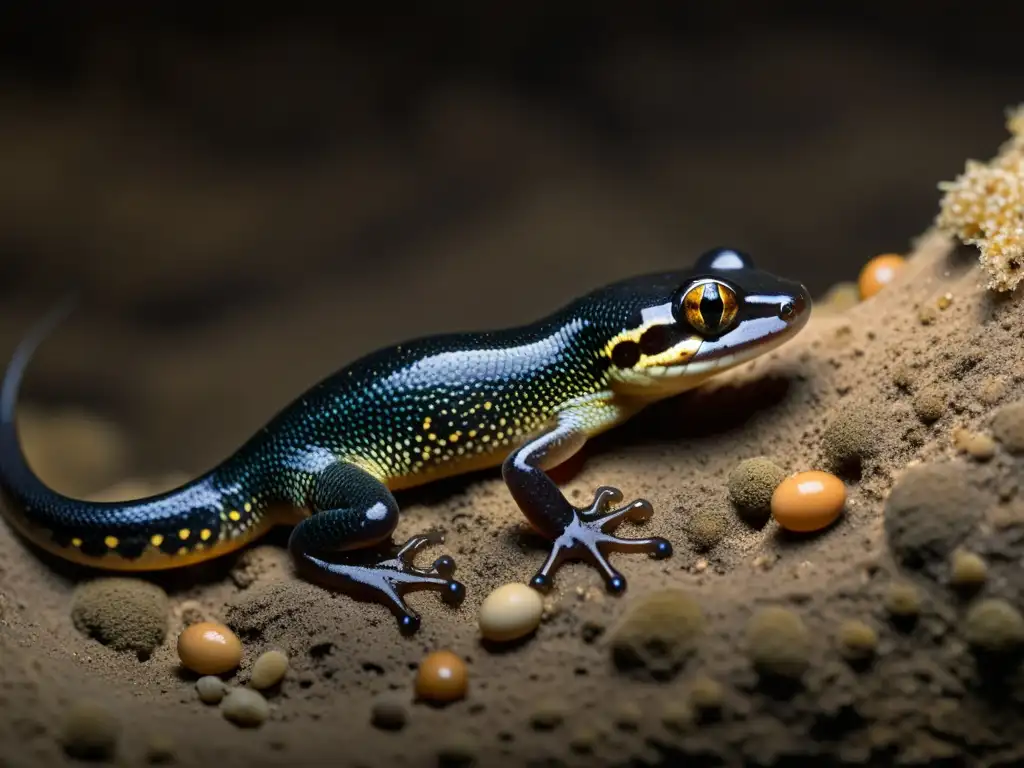 Una salamandra hembra cuida sus huevos en la oscuridad de un túnel subterráneo