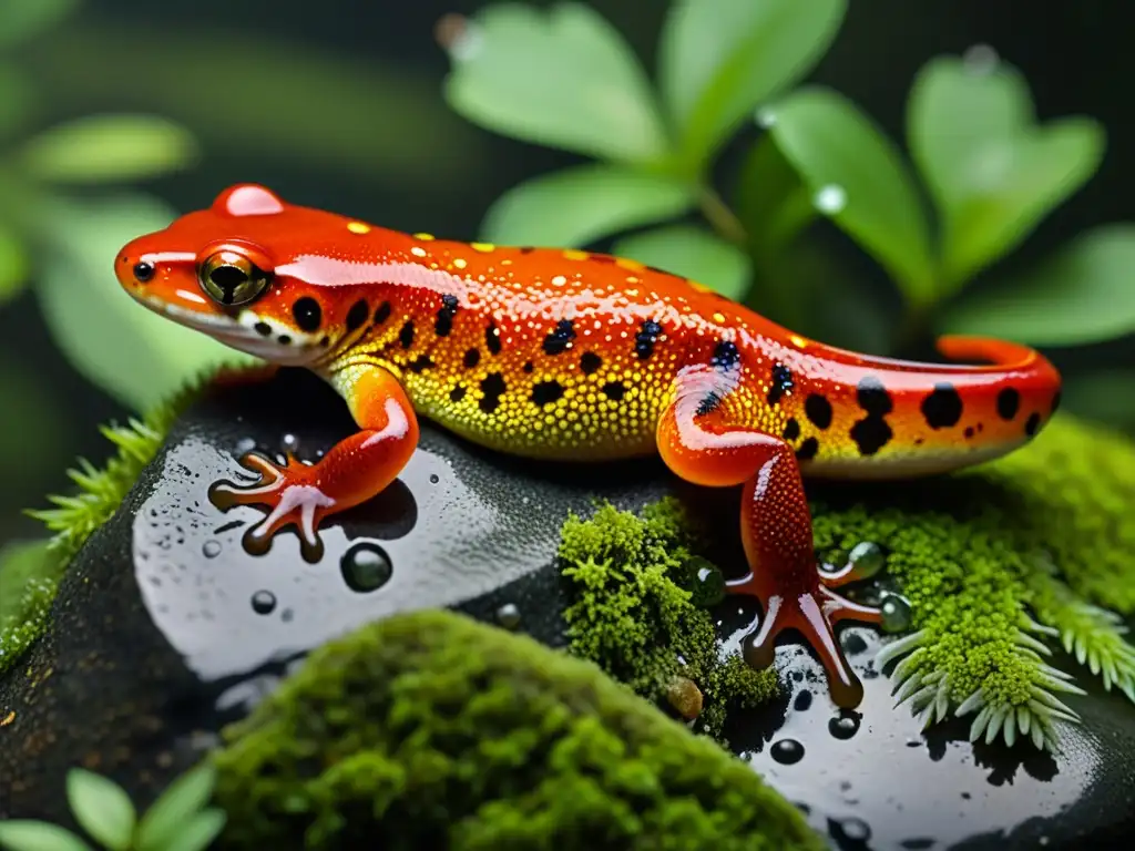 Una salamandra roja y naranja en un entorno mágico, rodeada de vegetación exuberante y rocas cubiertas de musgo