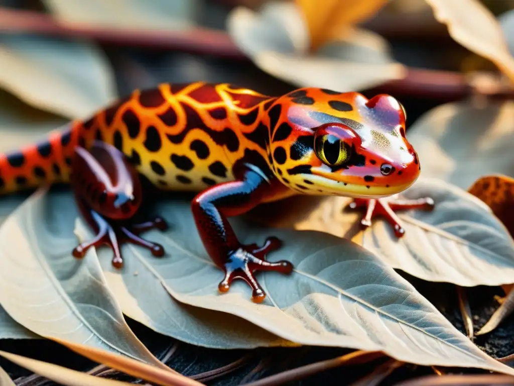 Una salamandra roja y naranja en hojas secas, con escamas brillantes y fuego, evocando el simbolismo alquímico salamandra