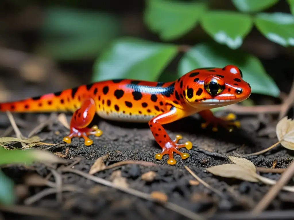 Una salamandra roja y naranja se camufla en el suelo del bosque, con sus patrones de piel únicos a la vista