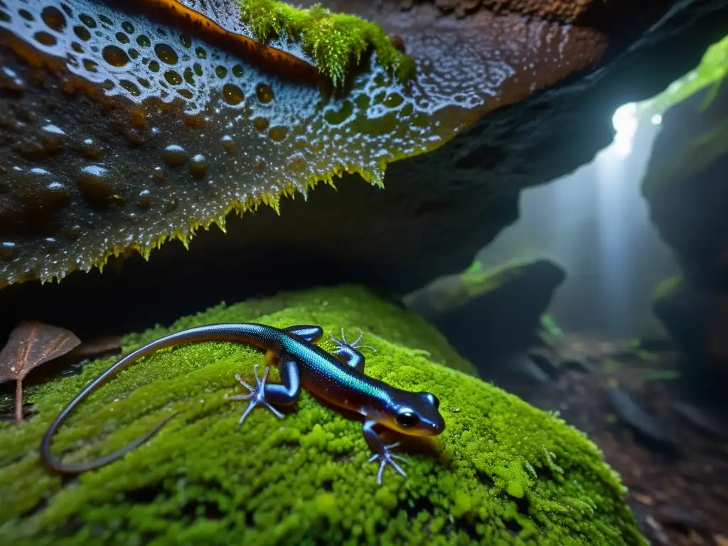 Una fotografía subterránea de anfibios cavernícolas: una salamandra translúcida en una cueva húmeda, con luz tenue resaltando su piel iridiscente