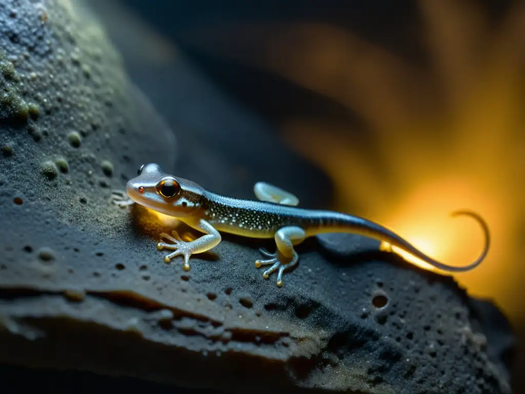 Una fotografía subterránea de anfibios cavernícolas: una salamandra pálida y traslúcida se aferra a la húmeda pared de una cámara subterránea, iluminada por una luz suave, revelando su belleza y vulnerabilidad en su hábitat único